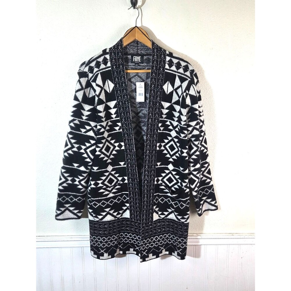 Frye Womens NWT Black White Aztec Cardigan Sweater Open Front Knit Size Large